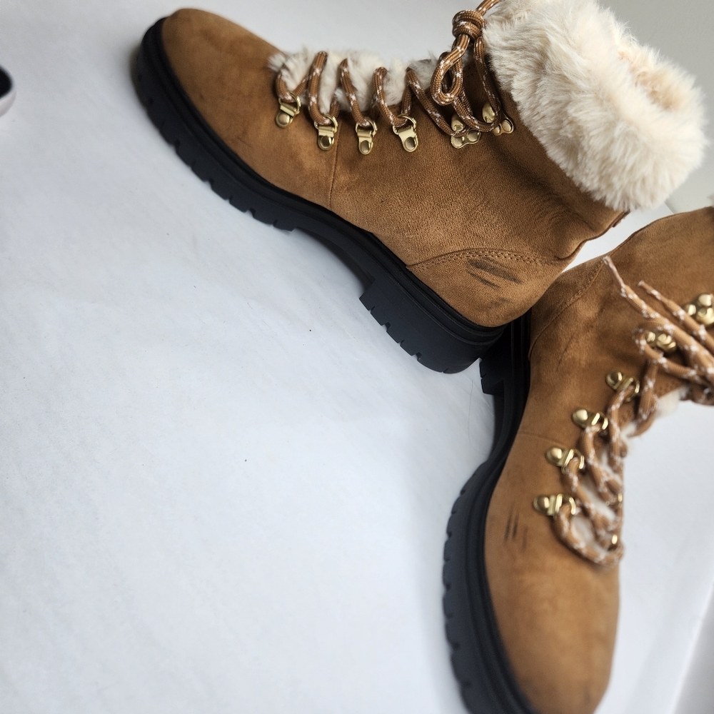 WoJ Crew BL551 Woman's Size 7 Chestnut Brown Faux-Fur men's Tan Fur-Lined Boots - Picture 2 of 5